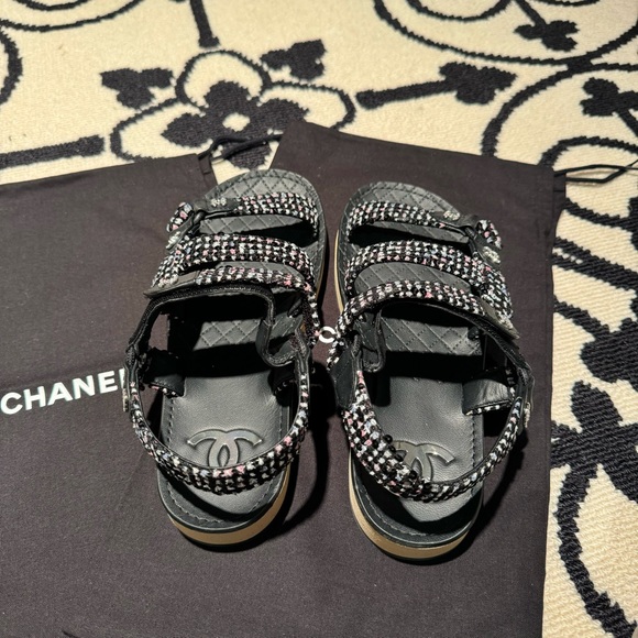 Chanel - Tweed Lambskin Crystal CC Slingback Sandals in Black Multicolor - Picture 3 of 12